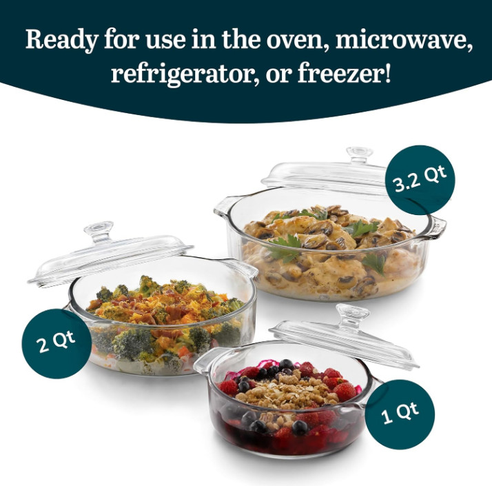 New Glass Casserole Dishes Set 3 Piece with Covers Oven Safe
