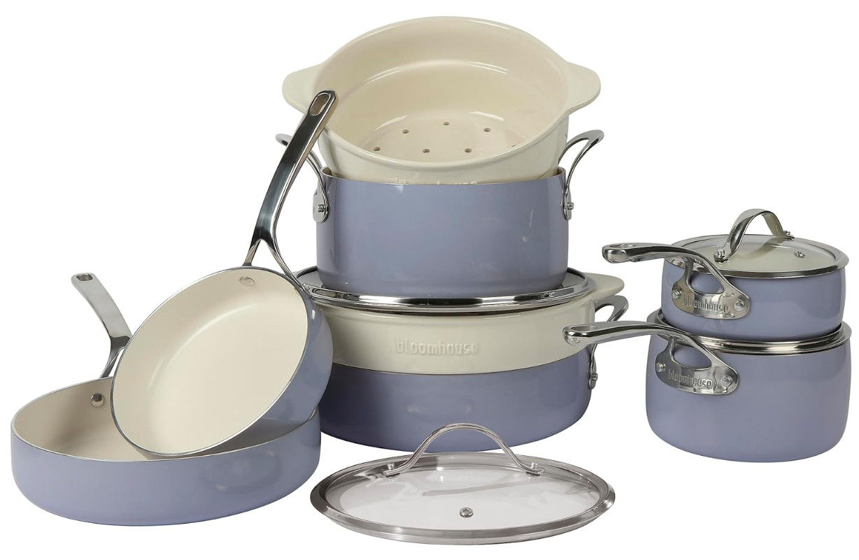 Bloomhouse 12 Pc Ceramic Nonstick Cookware Set Steamer Blue Aluminum Pots