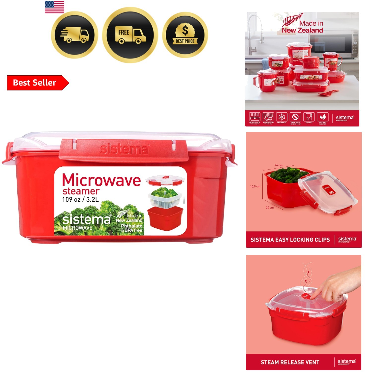 Heat & Eat Microwaveable Food Steamer with Removable Steamer Basket & Steam R…