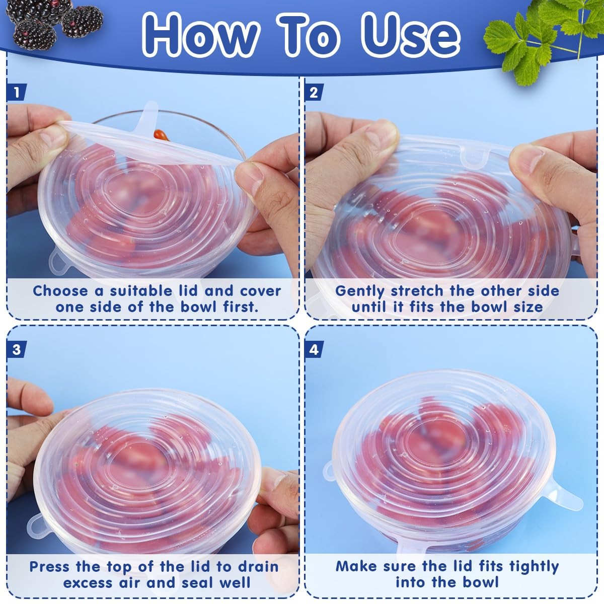 12 Pcs Reusable Silicone Stretch Lids Bowl Covers Flexible Food Storage Covers