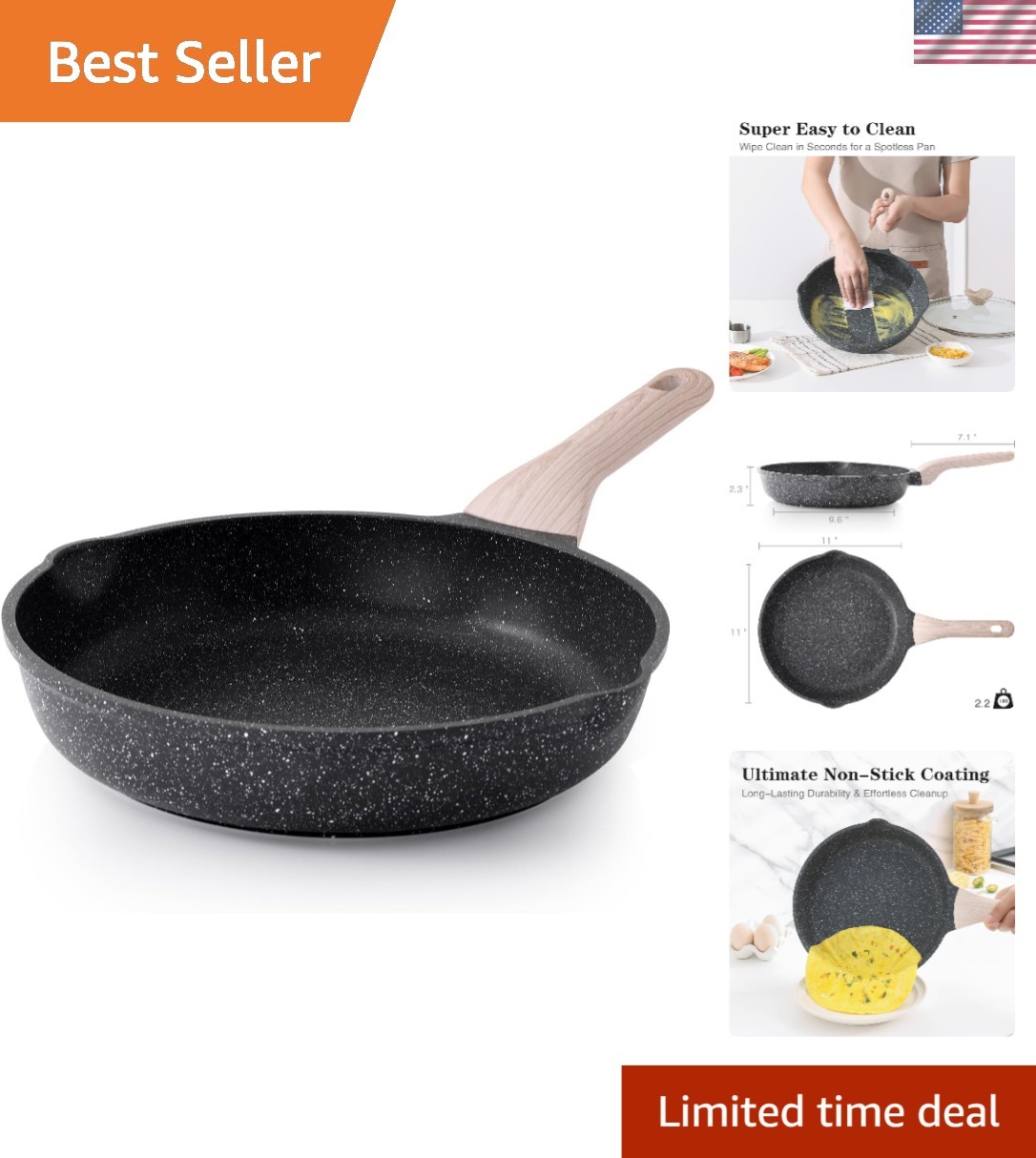 Granite 11 Inch Nonstick Frying Pan – Effortless Cooking with Dual Pour Spouts