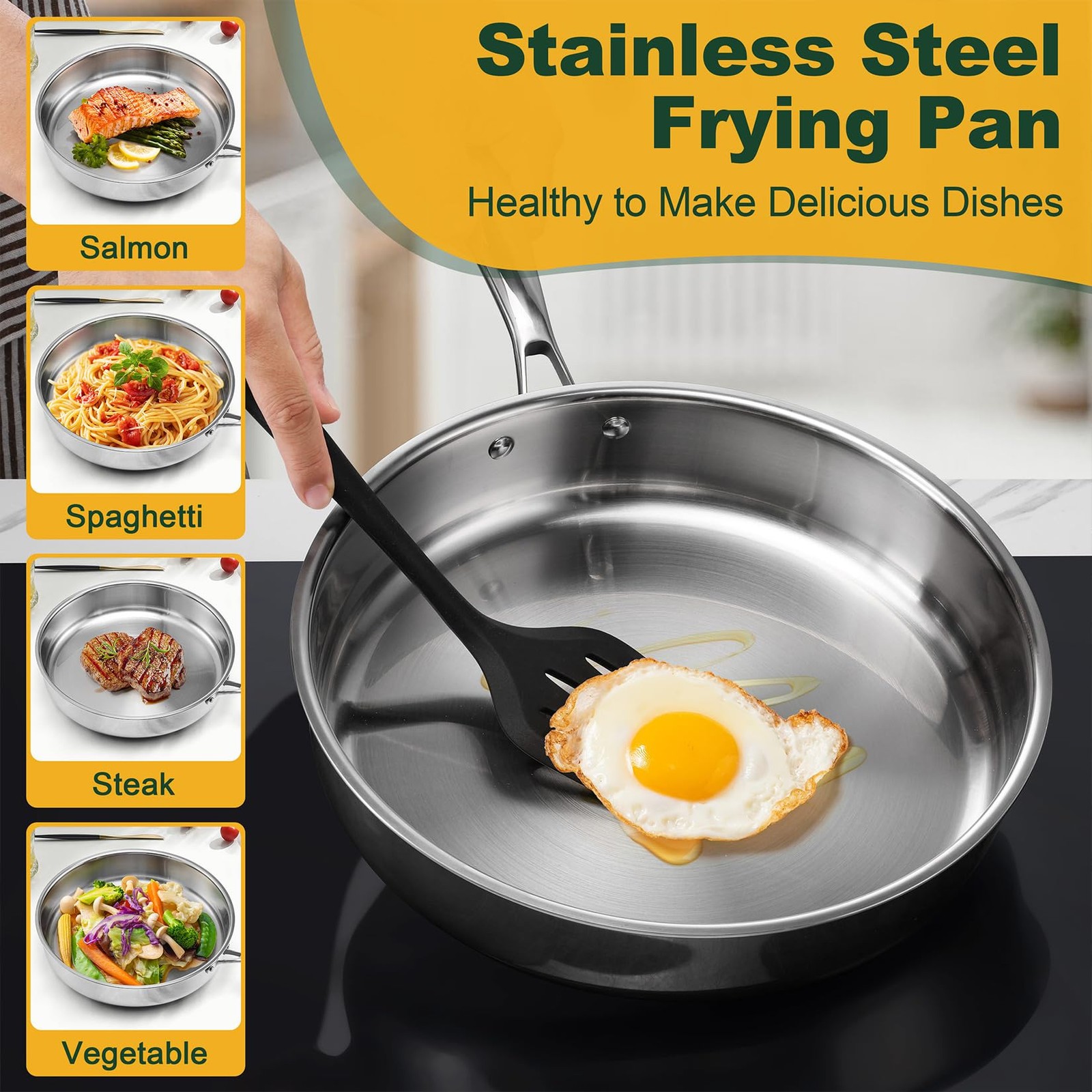 12 Inch Stainless Steel Frying Pan, 3-Ply Stainless Steel Pan Skillet, Induct…