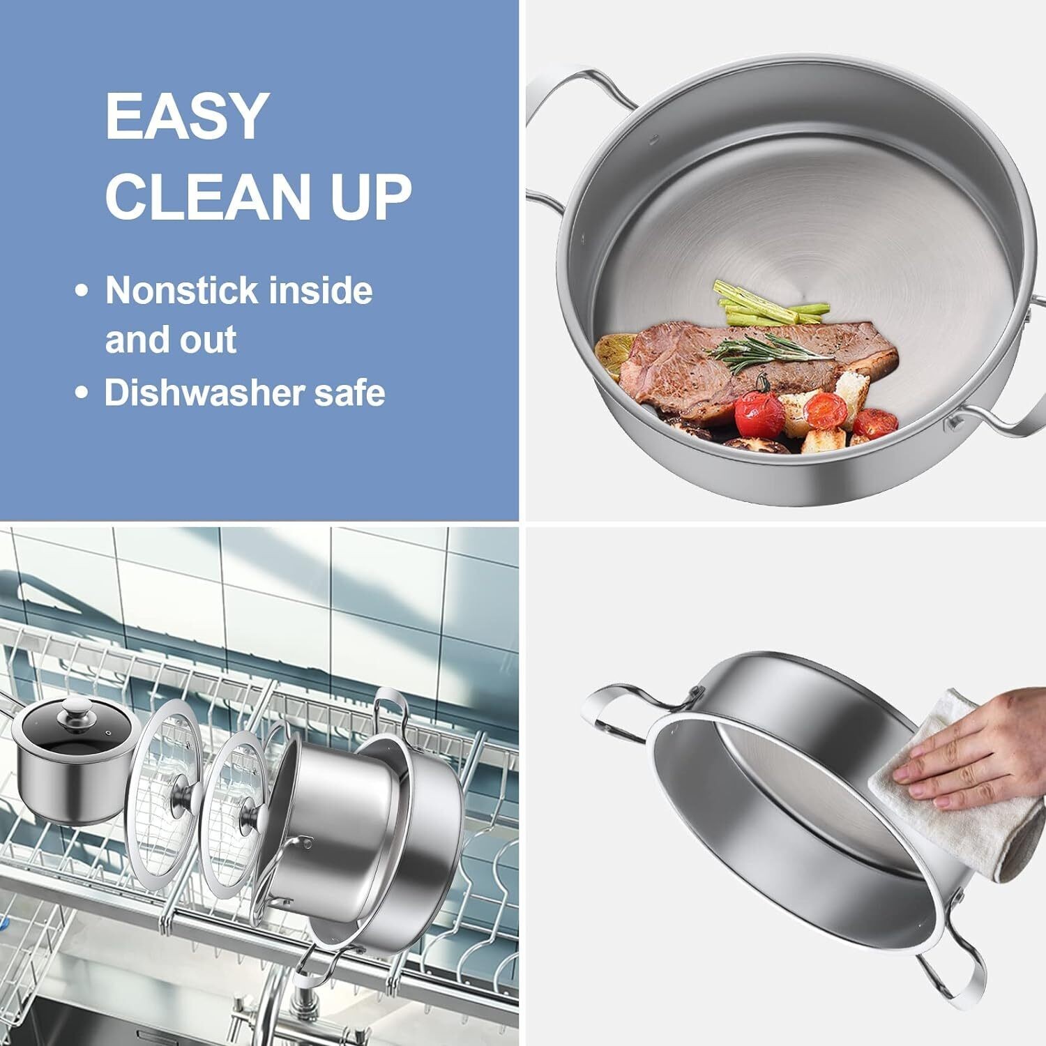 Stainless Steel Pots & Pans Set 6 Pcs Nonstick Kitchen Induction Cookware Silver