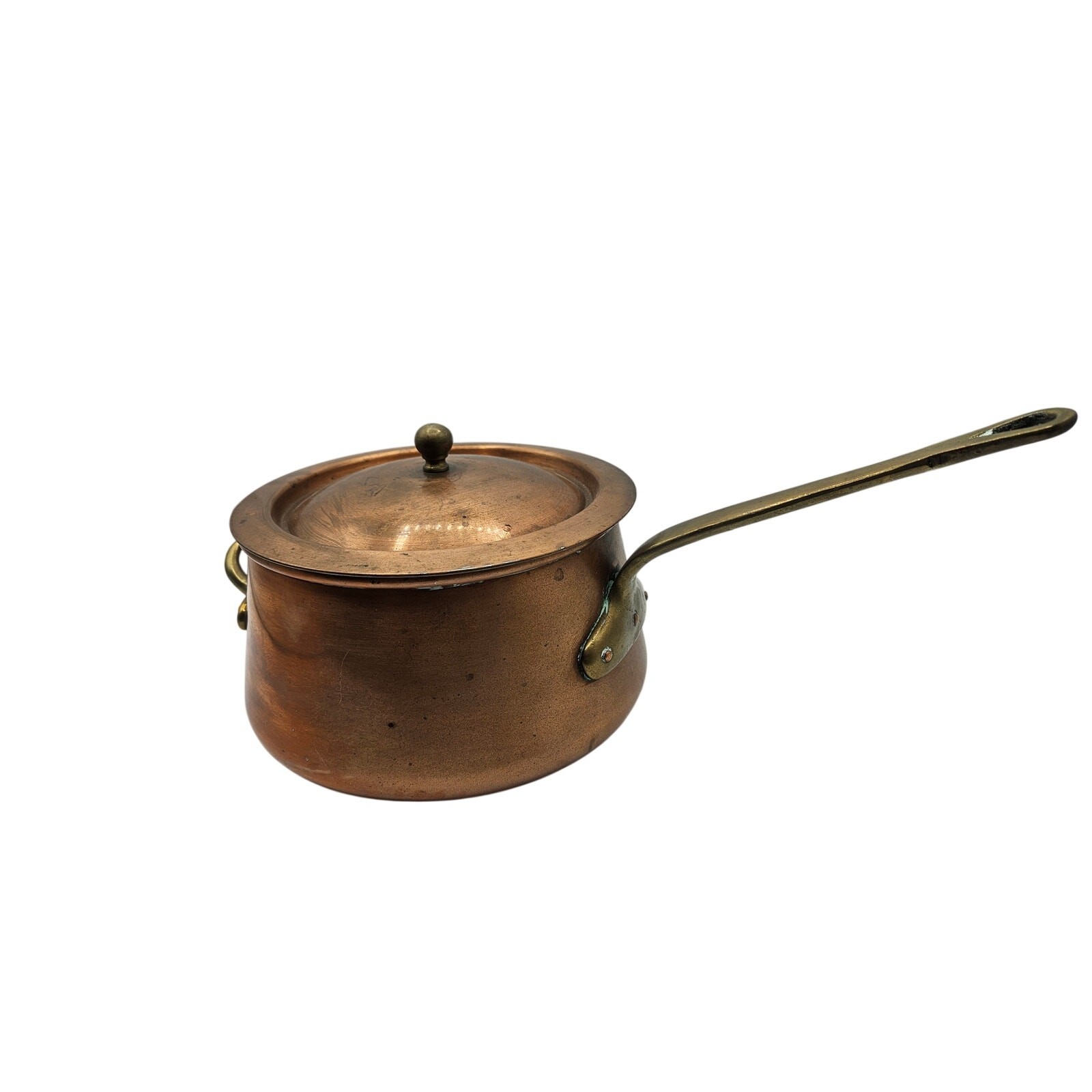 Vintage Hand Hammered Bombe Copper Saucepan Tin Lined Brass Handles 6.5″ Lid