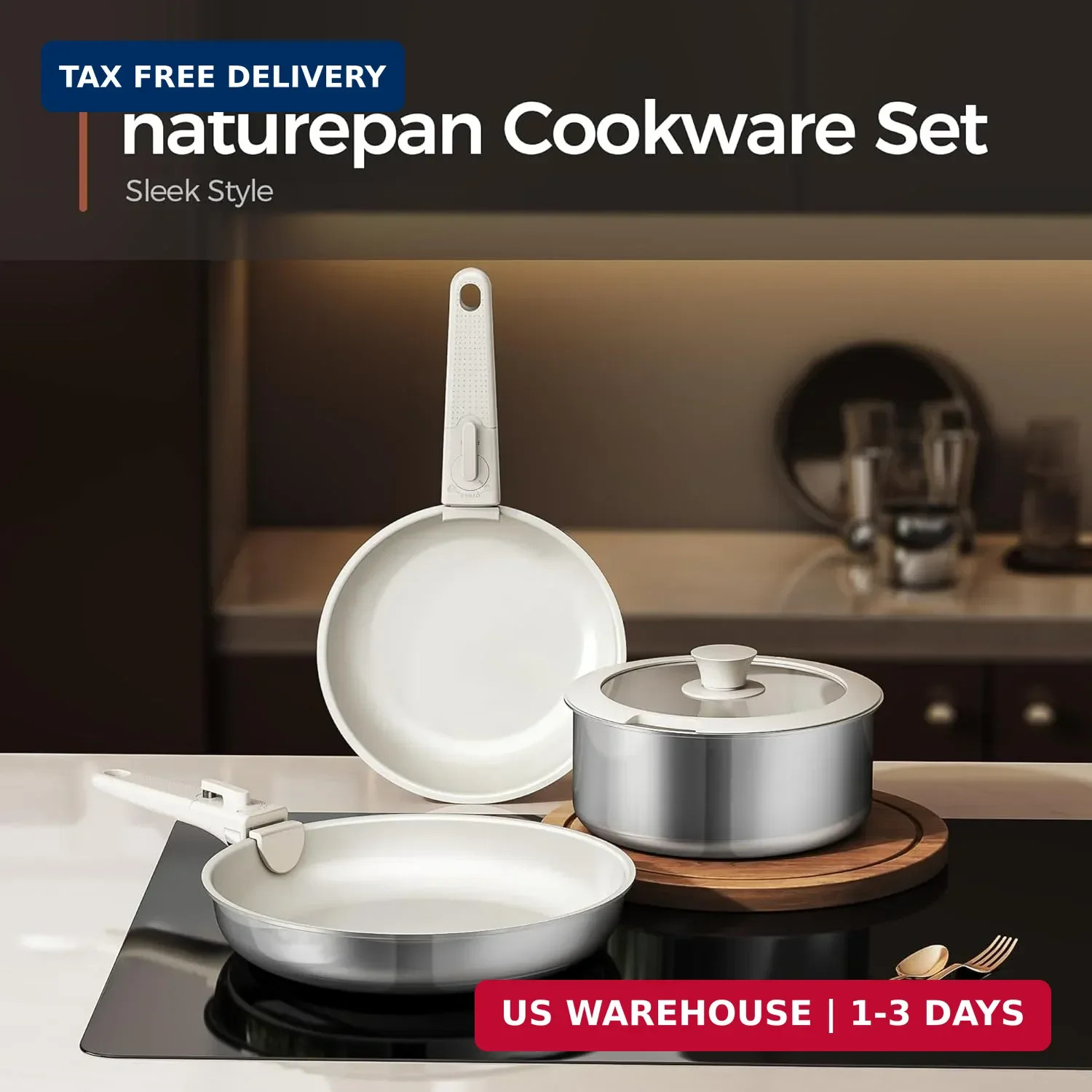 5PCS Pots and Pans Set Non Stick, Diamond-Titanium Ceramic Cookware Set & 3 Laye