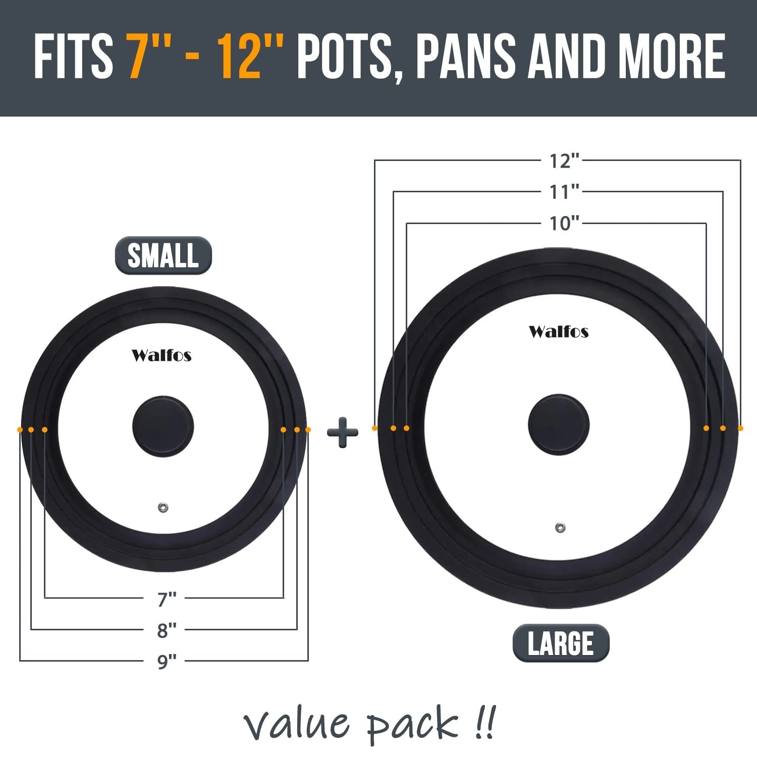 Walfos Universal Lid, Tempered Pan Lid with Heat Resistant Silicone Rim, Fits Al