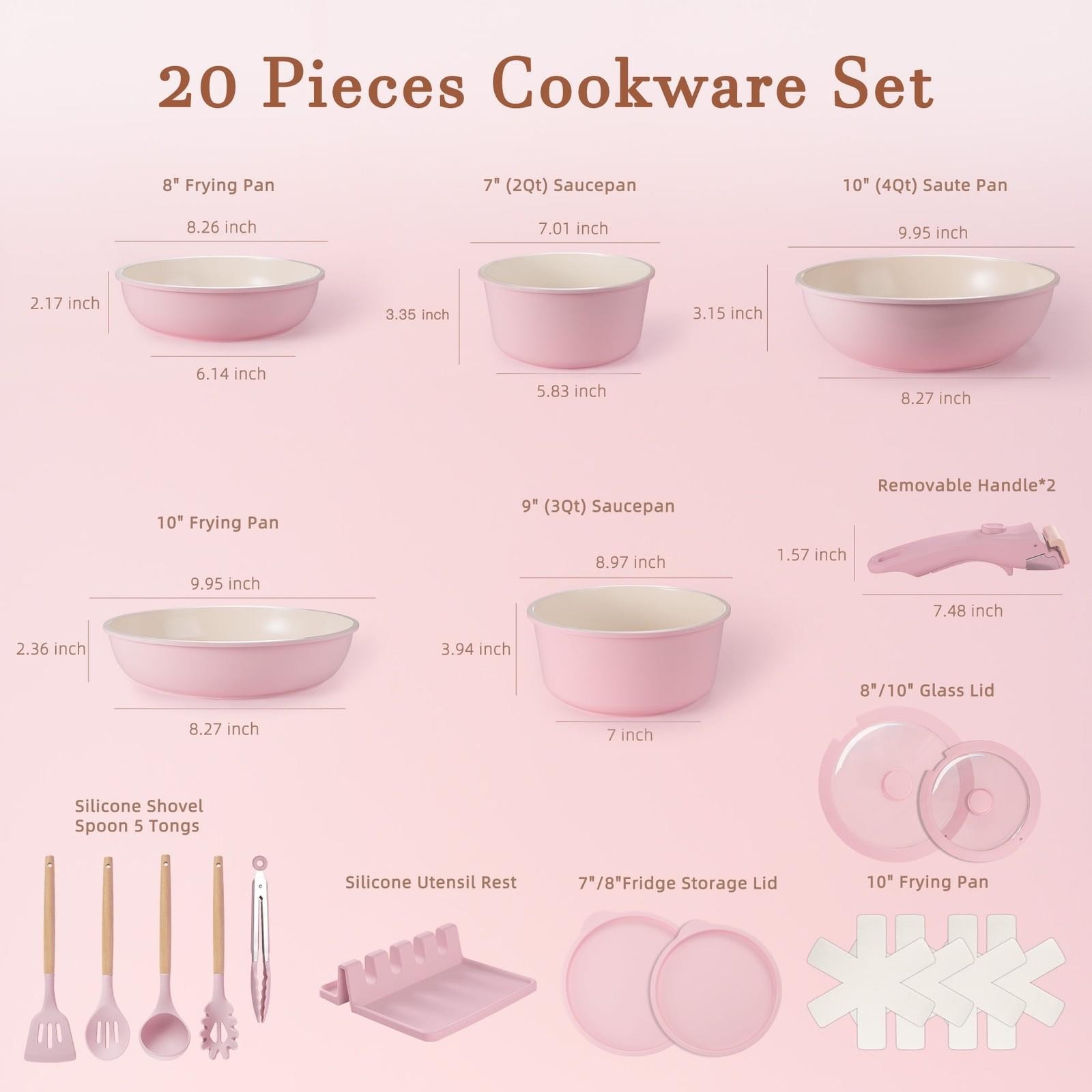 20-piece Ceramic Pots and Pans Set Nonstick Cookware Set with Detachable Handles