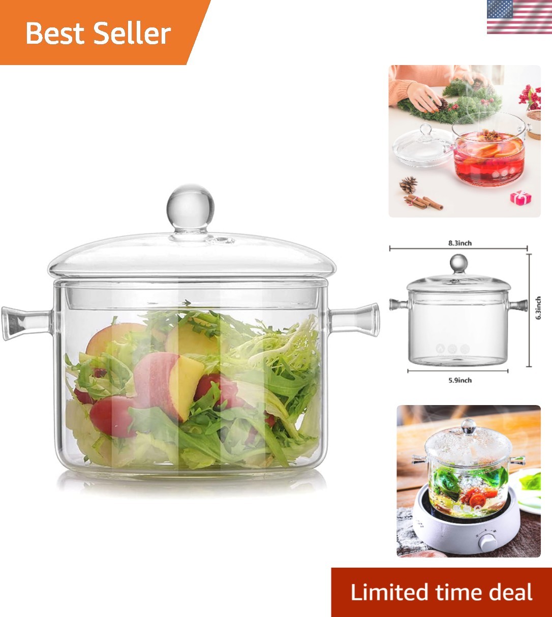 Glass Cookware Set Simmer Pot 1.7L Heat-Resistant Borosilicate Safe for Stove