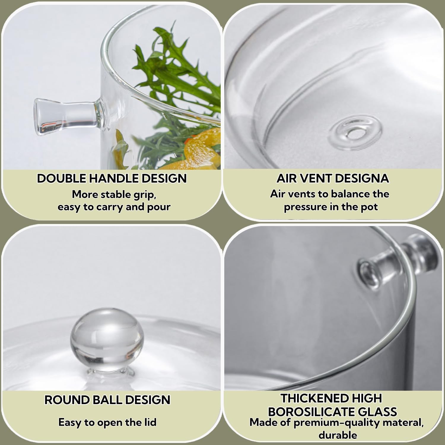 1.9L Glass Cooking Pots Heat-Resistant Borosilicate Glass Saucepan W/ Cover Hot