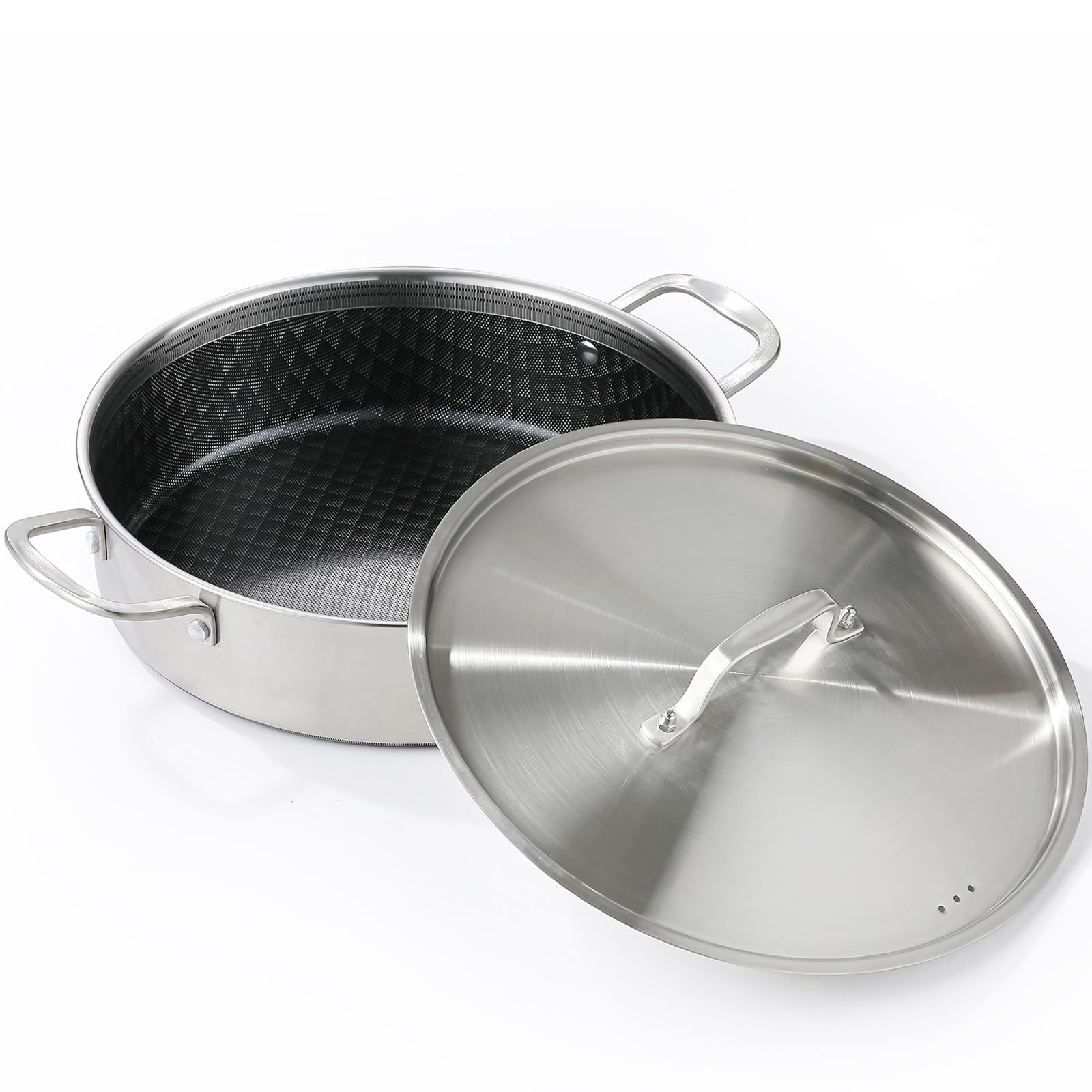 DELARLO 8 Quart Tri-Ply Stainless Steel Non Stick Braiser Pan with Lid, 13 In…