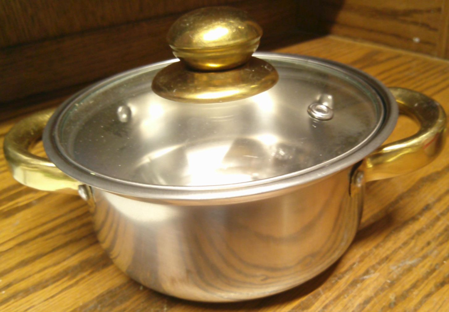 Stainless Steel #5 Pot w/ Glass Lid + Gold Handles/Knob 6×3″ Lightweight 1075