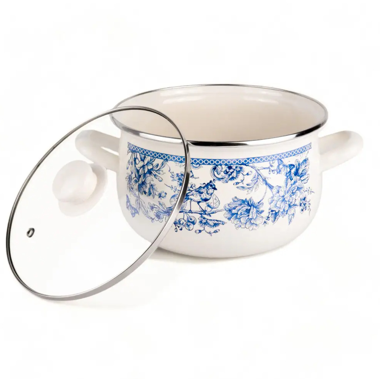 3 Pc Enamel Stock Pot Set with Glass Lids Induction Cookware Blue White