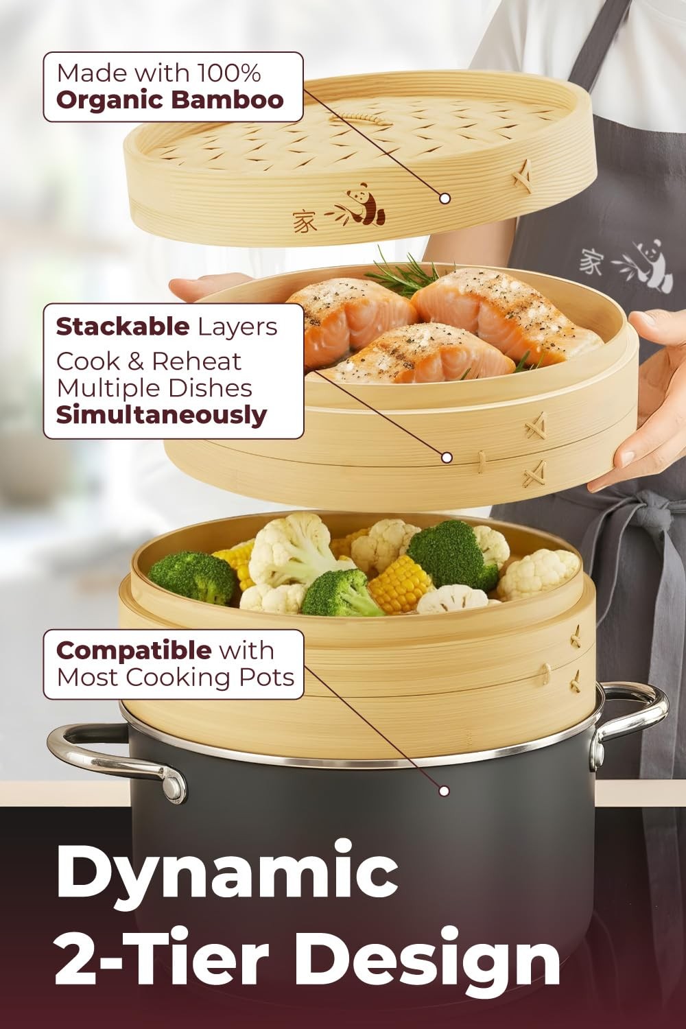 Bamboo Steamer Basket 10Inch | 2Tier Steamer for Cooking | 50 Liners, Chopsti…