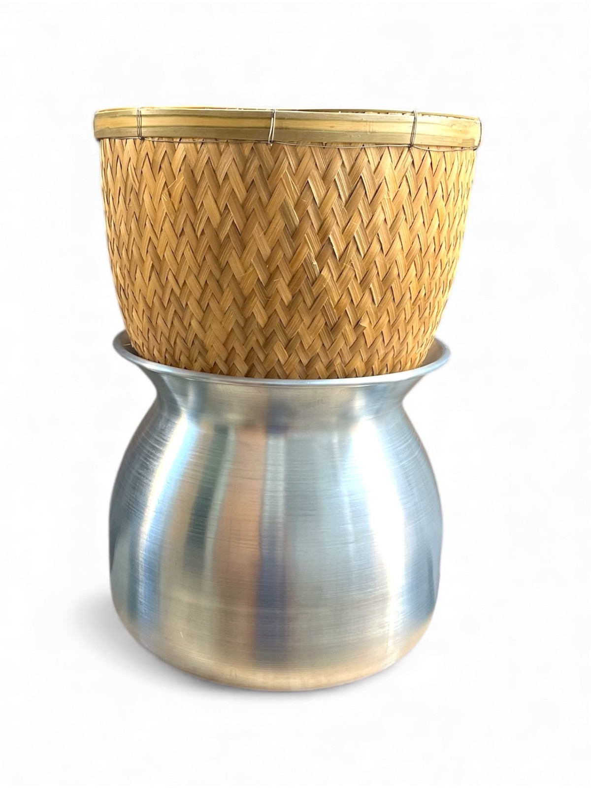 Thai Sticky Rice Steamer Set 2 pcs | 24 cm Aluminum Pot + 26 cm Bamboo Basket |
