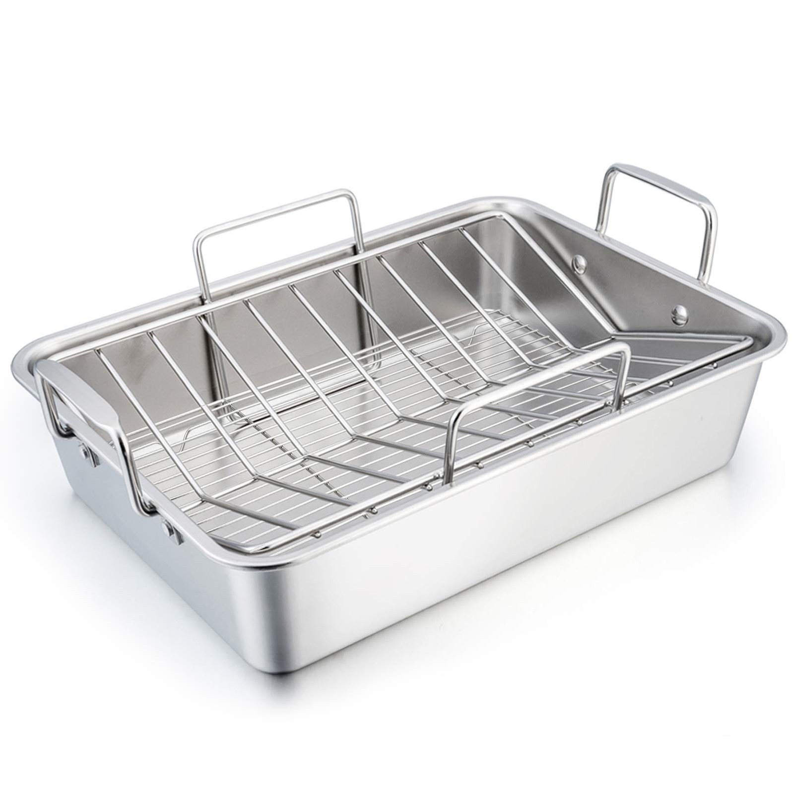 TeamFar Stainless Steel Roasting Pan, 16 Inch Large Turkey Large, Silver