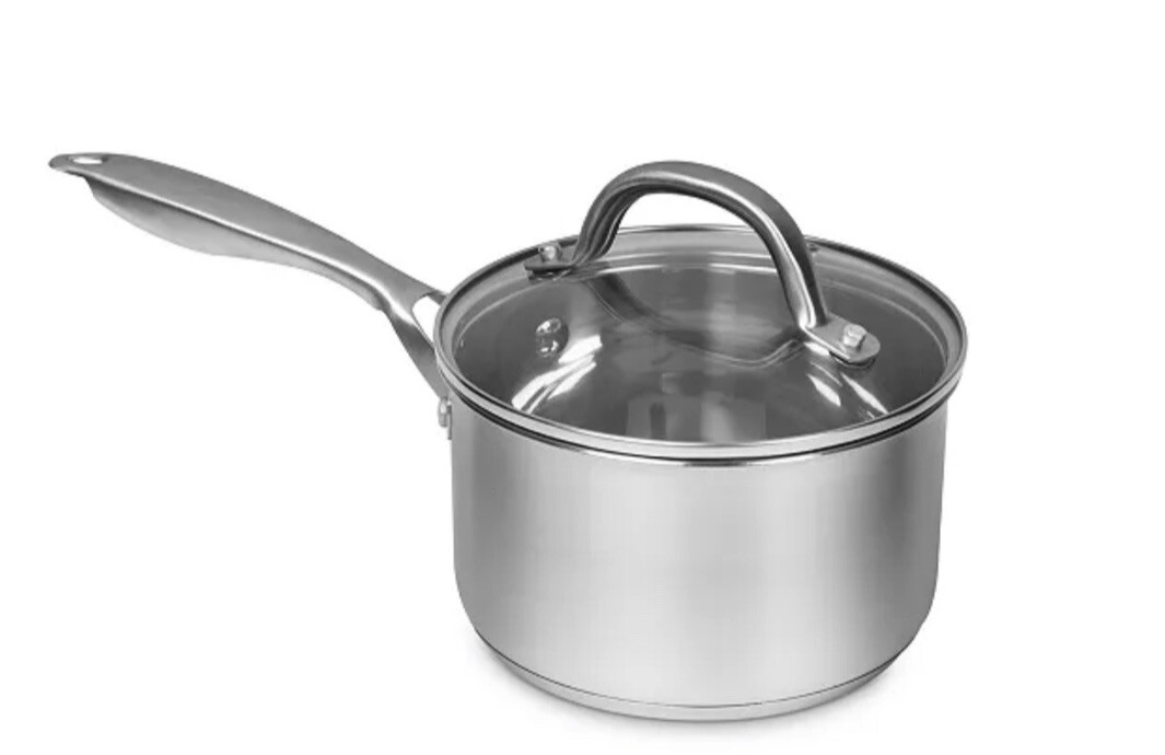 SEDONA PROFESSIONAL 5-PLY STAINLESS STEEL 1.5-QT. SAUCEPAN W/DRAIN GLASS LID New