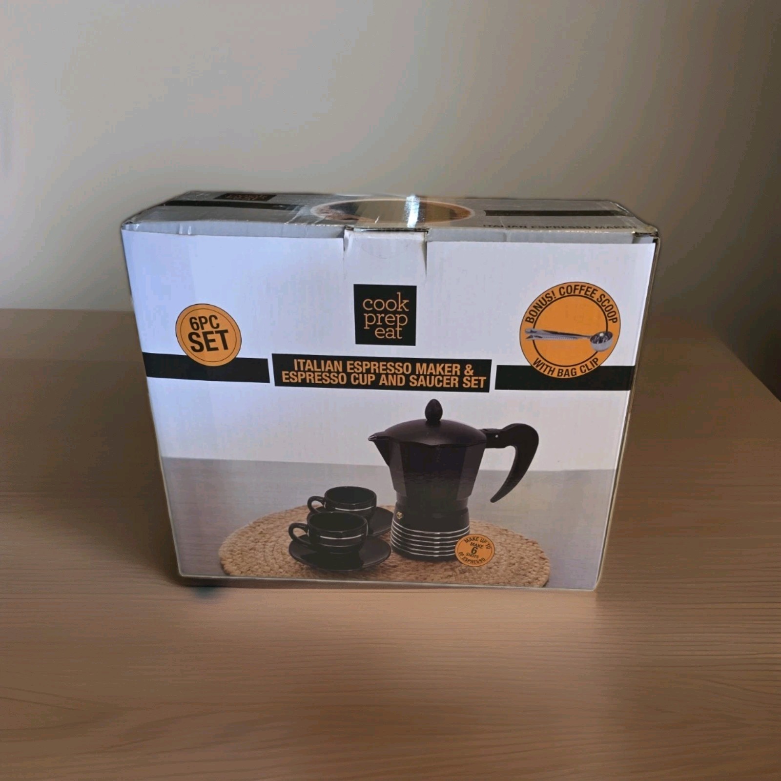 Italian Espresso Maker 6 Cup Set w Cups Saucers Scoop Moka Pot