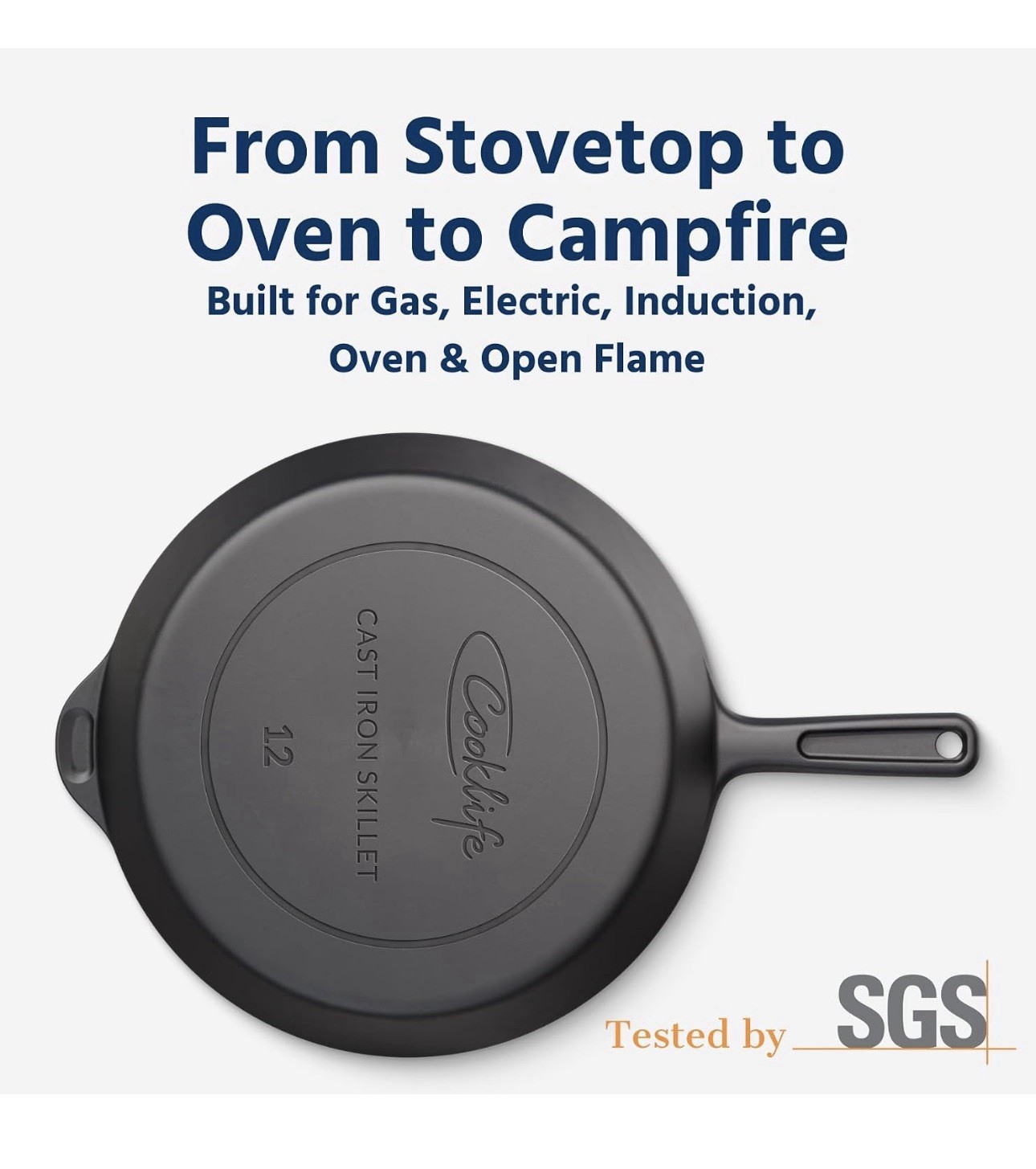 COOKLIFE 12 Inch Lightweight Pre-Seasoned Cast Iron Skillets, W/Spoon, BRAND NEW
