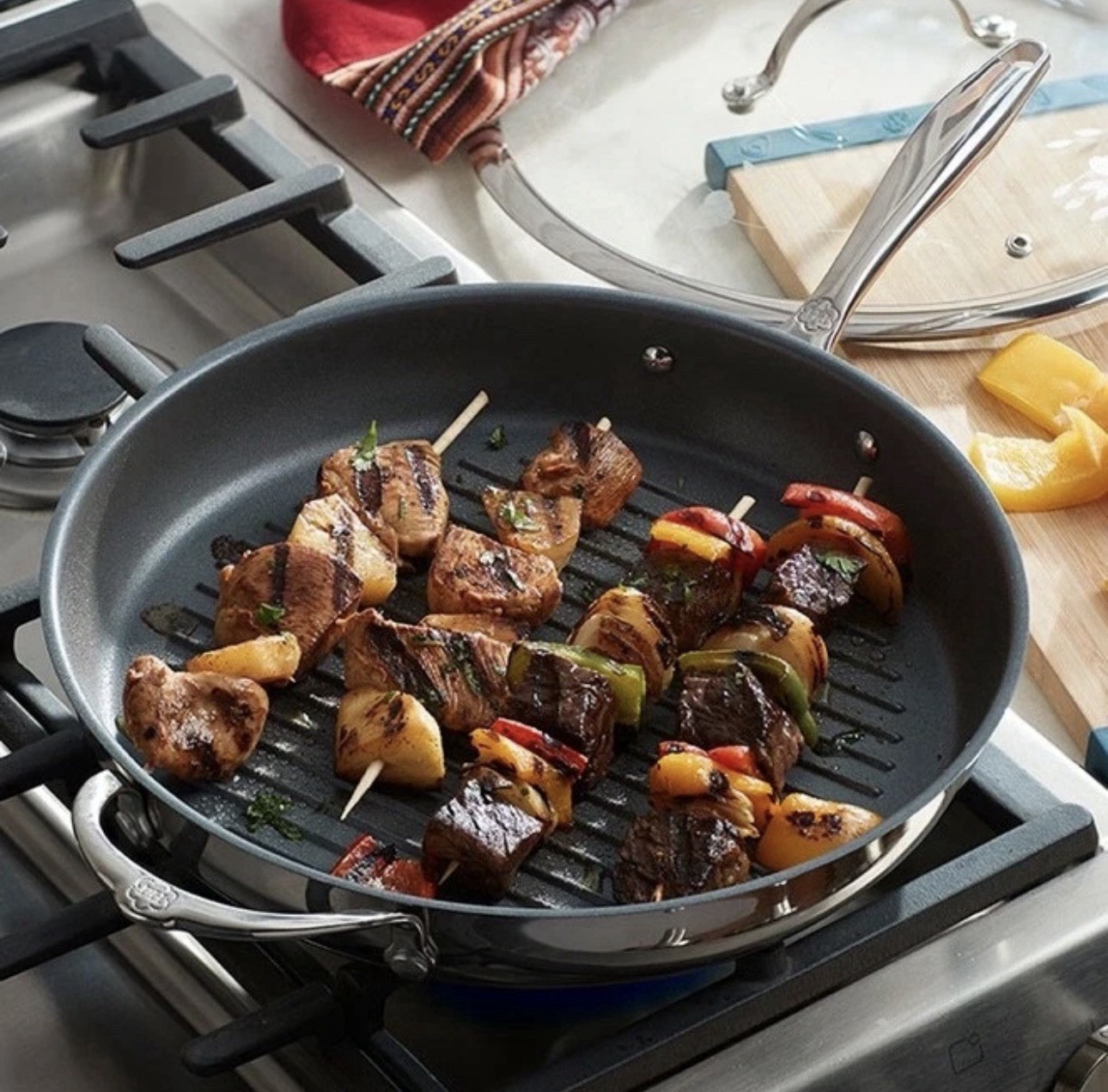 Princess House Heritage Round Non-Stick Grill Pan w/ Lid, 12in, Stainless Steel