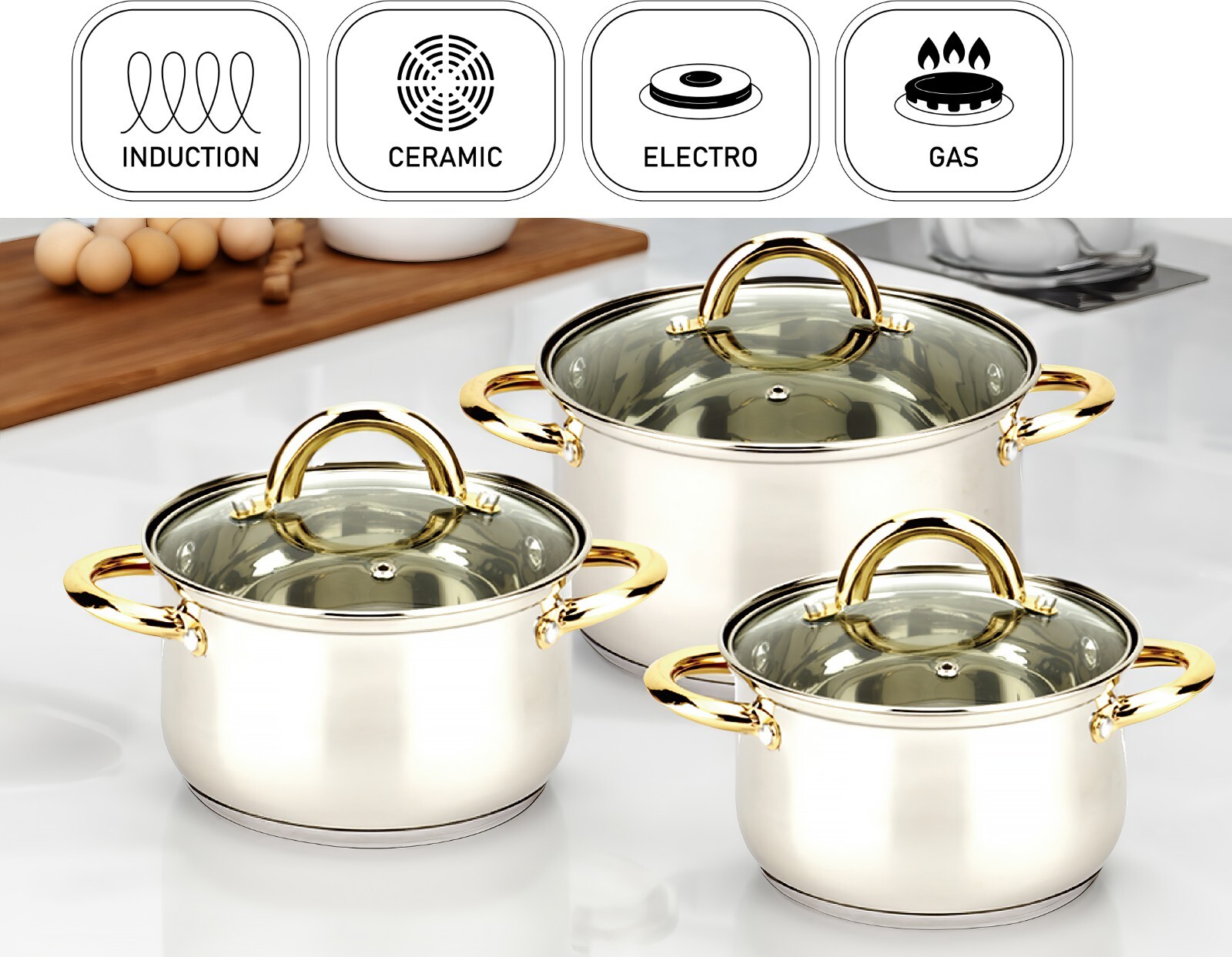 Stainless Steel Cookware Pot Set 1.8 QT, 2.5 QT, 3.4 Quart, Silver