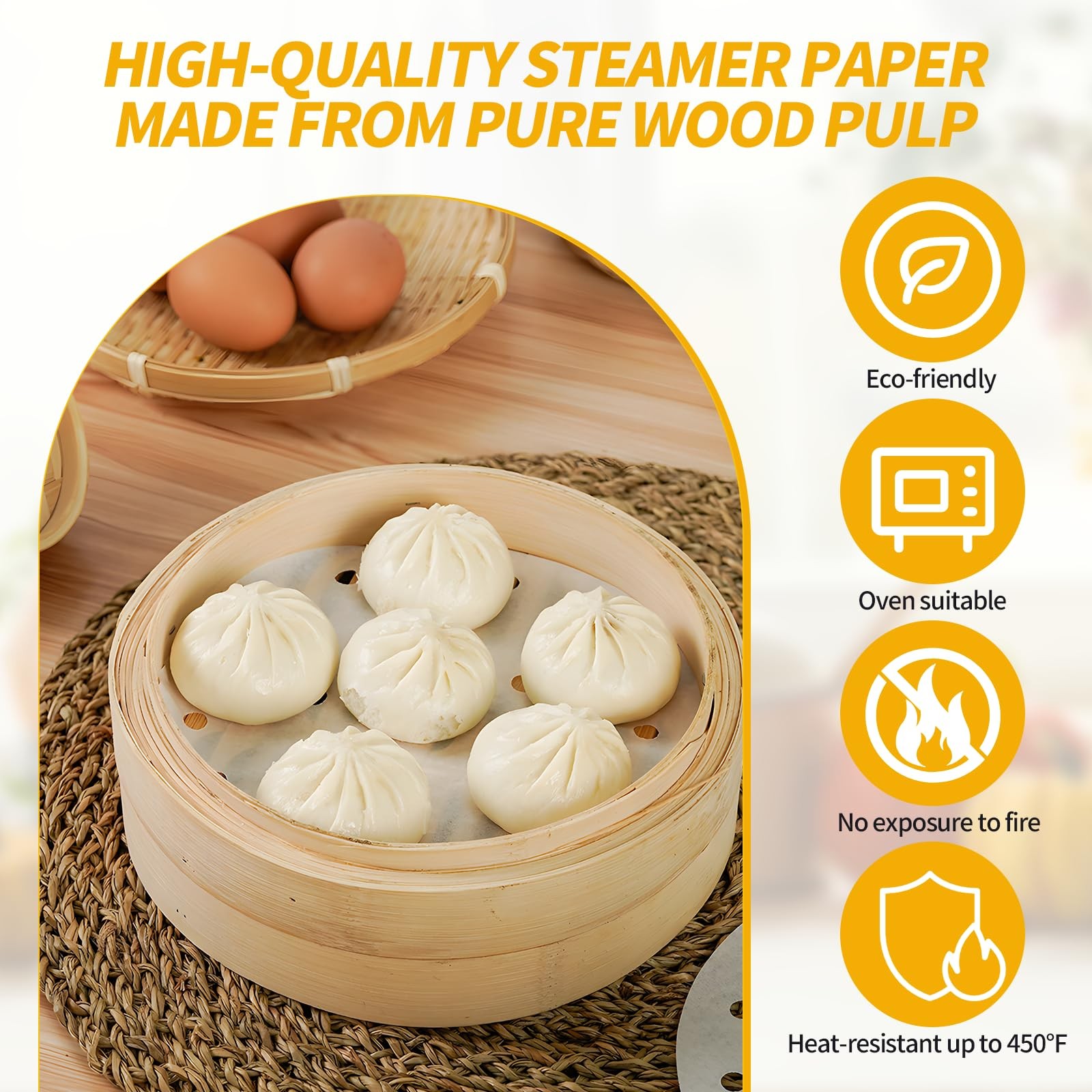 200 PCS Non-Stick Bamboo Steamer Paper, 10″ Round Liners with Holes for Steamer
