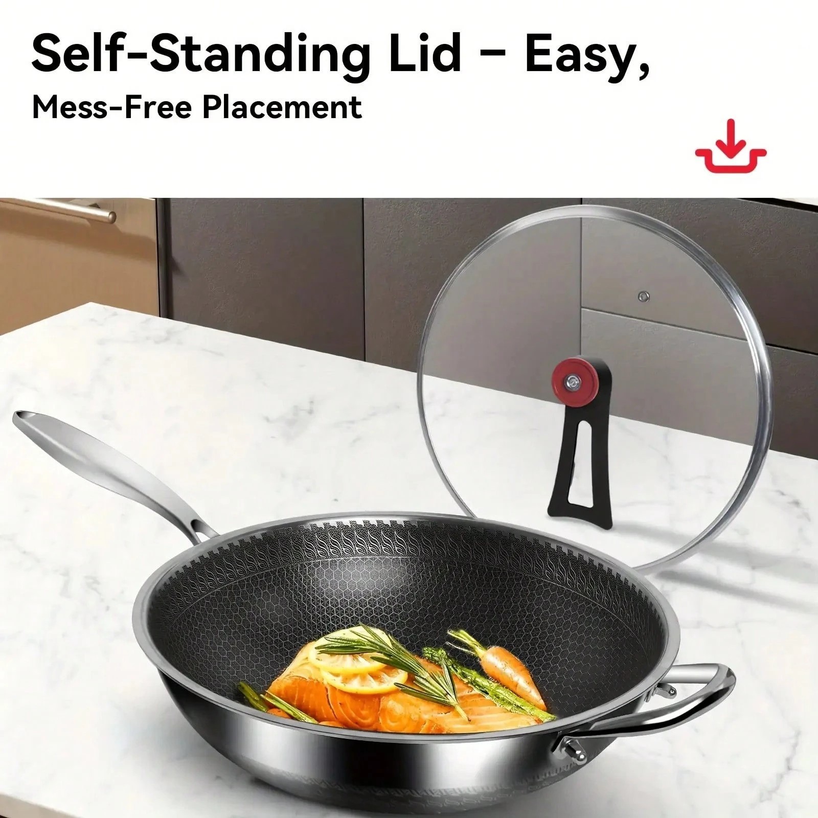 13.3″ Honeycomb Stainless Steel Wok Pan With Lid Scratch Resistant Induction