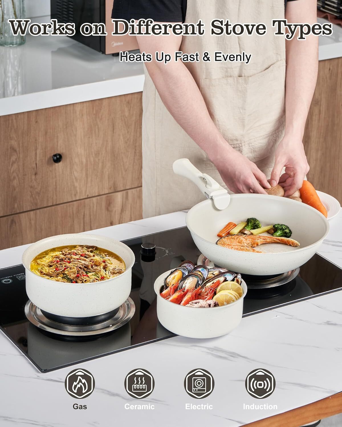 10pcs Sauce Pan Set, Nonstick 1.5Qt & 2.8 Qt Pots with Removable Handles, 11inch