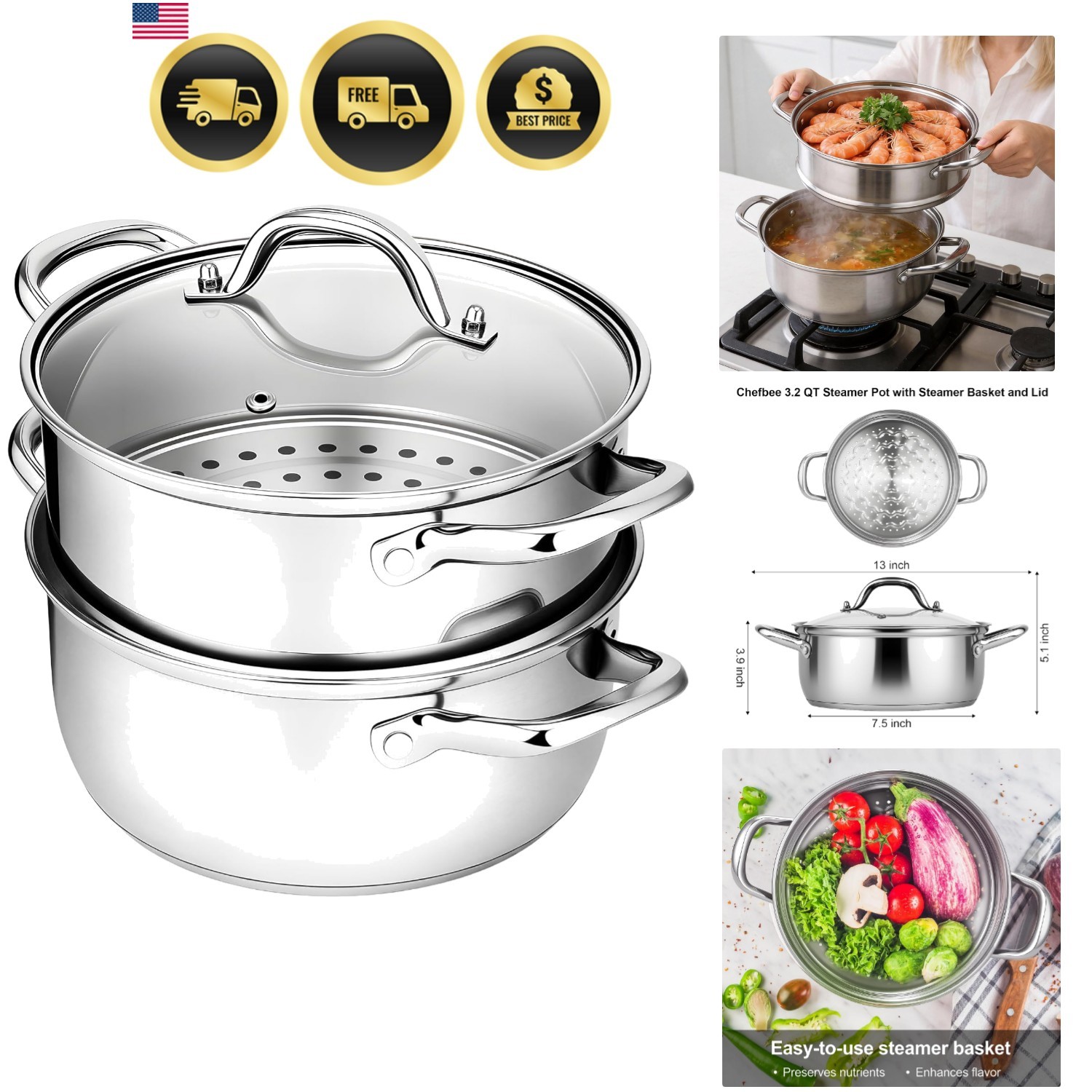 Stainless Steel Steamer Pot 3.2QT with Steamer Basket Food Cooker Kitchen Tools