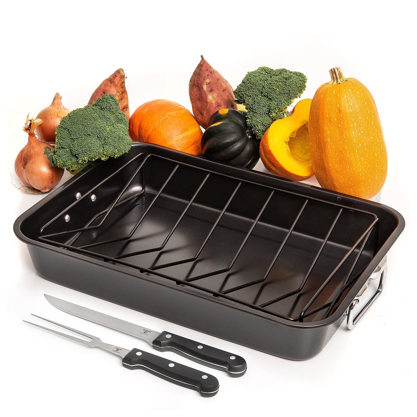 ROASTING PAN with Removable Roaster Rack Set Rectangular Nonstick MOSS STONE