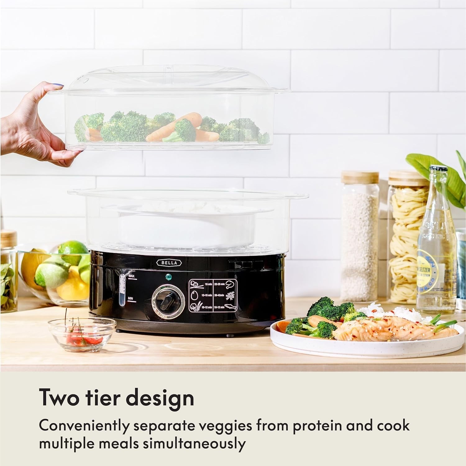 Two Tier Food Steamer – Stackable Baskets, Removable Base, 7.4 QT, Auto Shutoff,