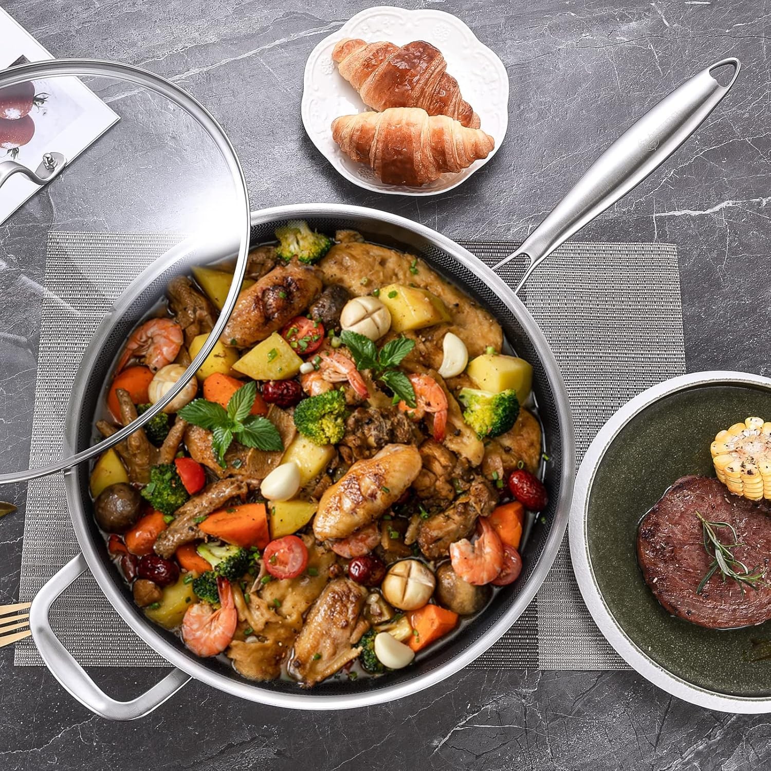 Lolykitch 12in Hybrid Stainless Steel Skillet 6 Qt Deep Saute Pan Detachable Han