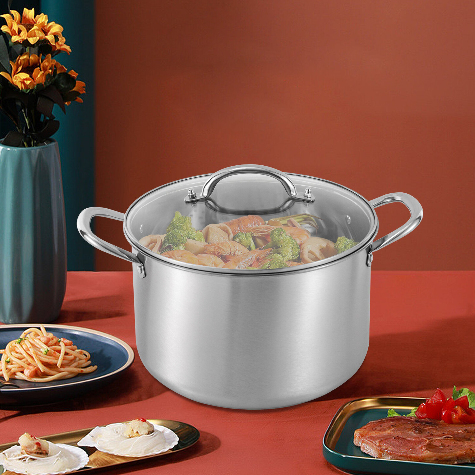 3L/3.17qt Pot Stainless Steel Stock Pot with Clear Lid & Steaming Rack New