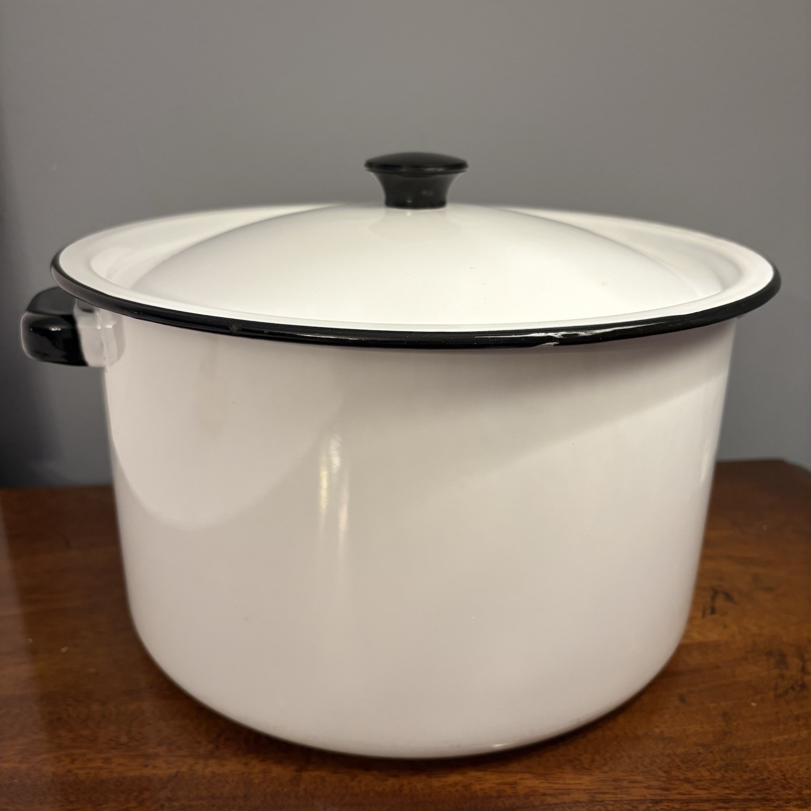 Enamel Stock Pot with Lid 11.25″ Wide White with Black Trim. 10 Quarts