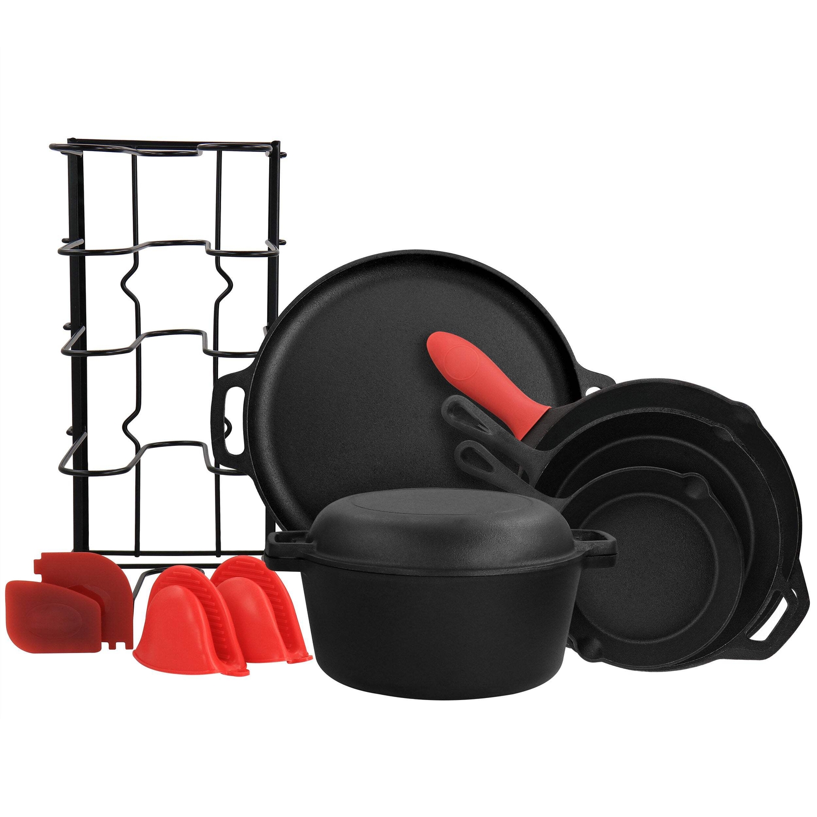 MegaChef 12 Piece Round Pre-Seasoned Cast Iron Cookware Set w Silicone Grips