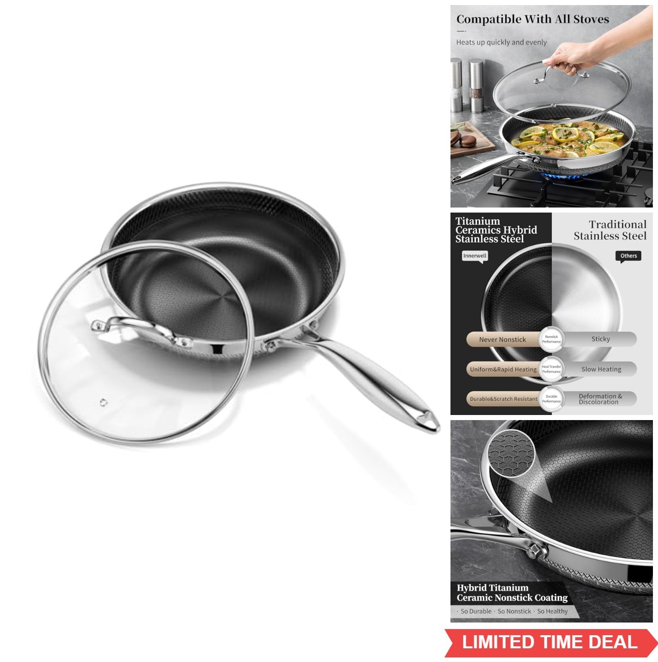 8 Inch Nonstick Frying Pan with Lid Titanium Ceramic Tri Ply Stainless Steel