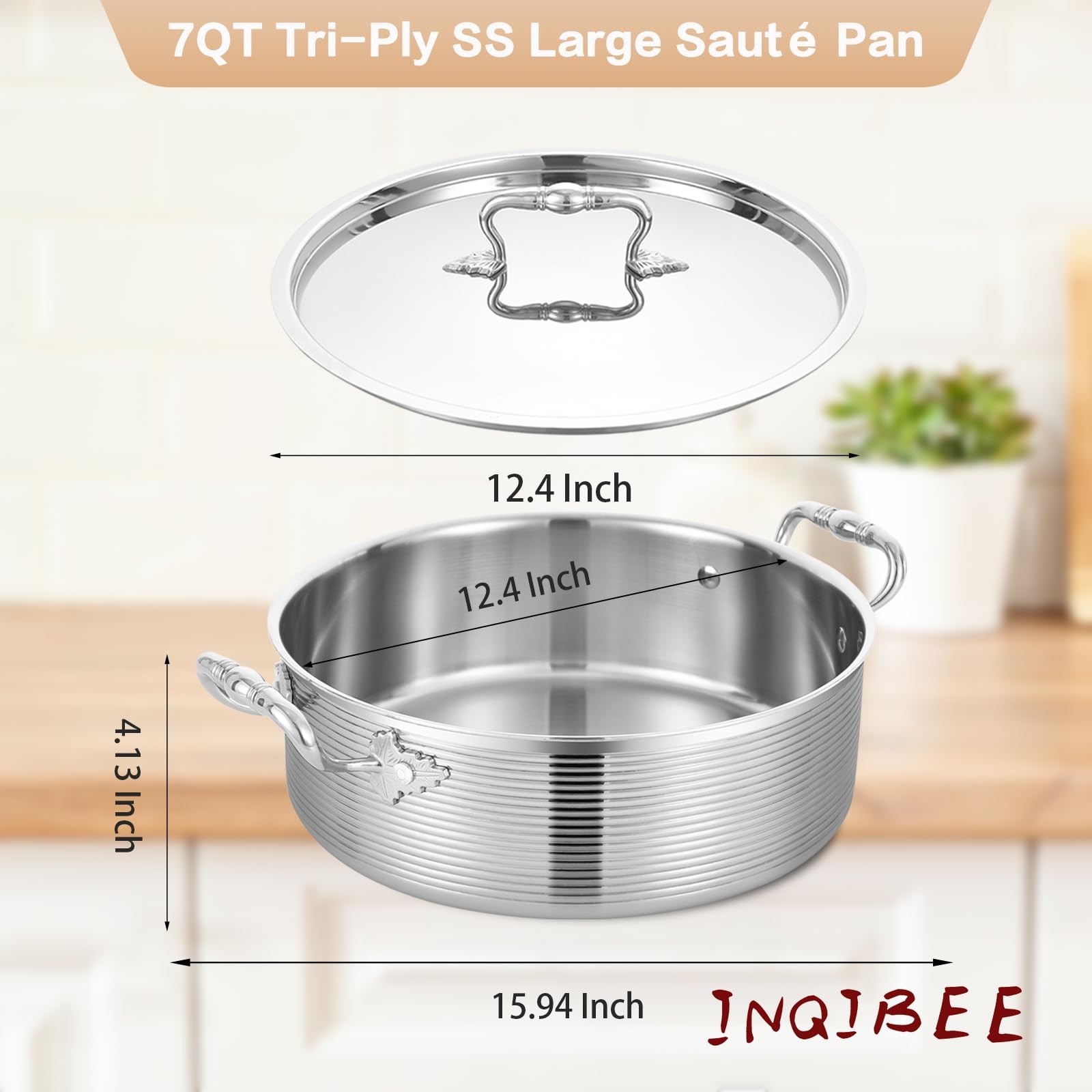 Tri-Ply Stainless Steel 7 Quart Rondeau Pot with Lid Braiser Pan, 12 inch Dee…
