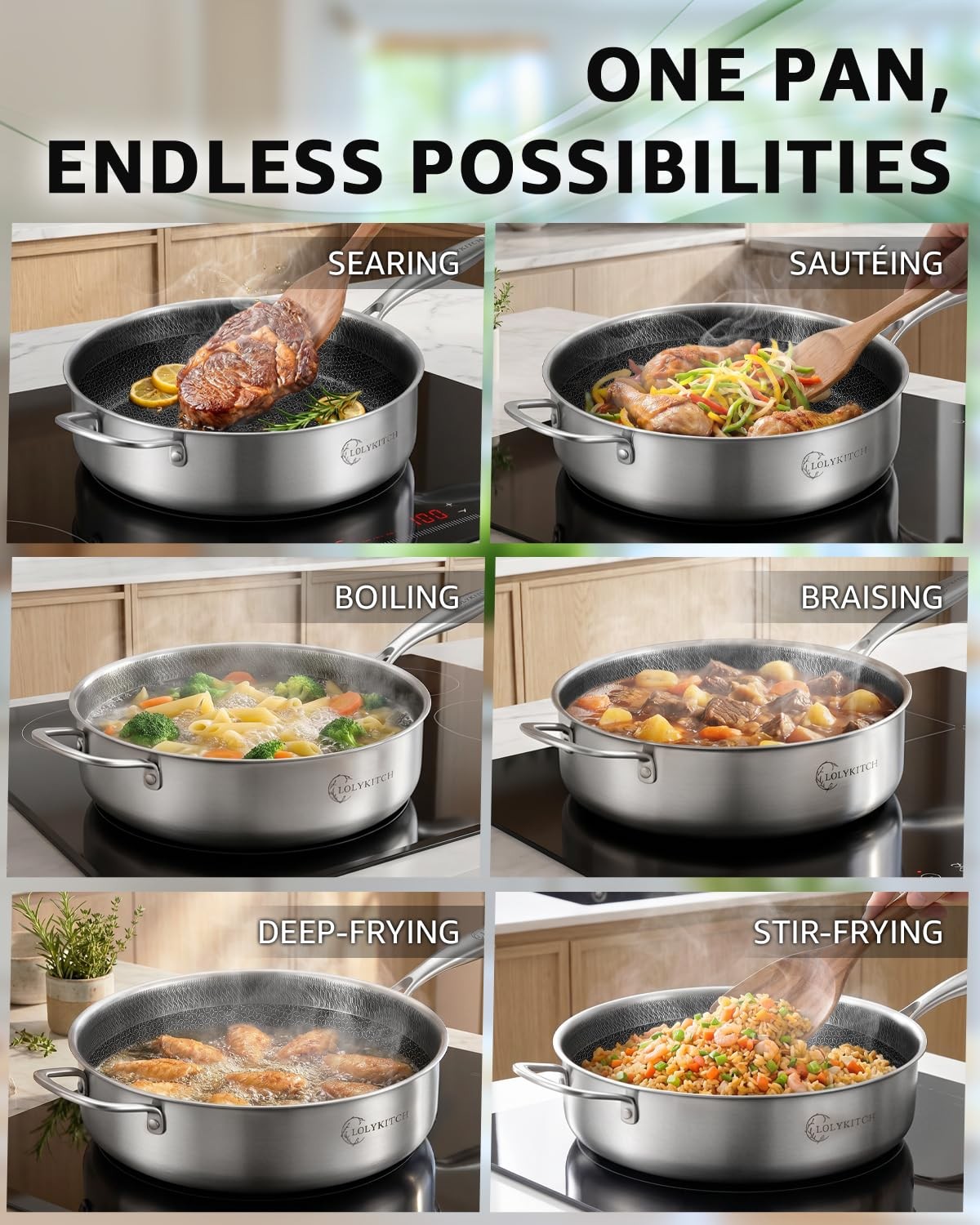 6 QT Large Skillet with Lid, 12 Inch Nonstick Deep Frying Pan