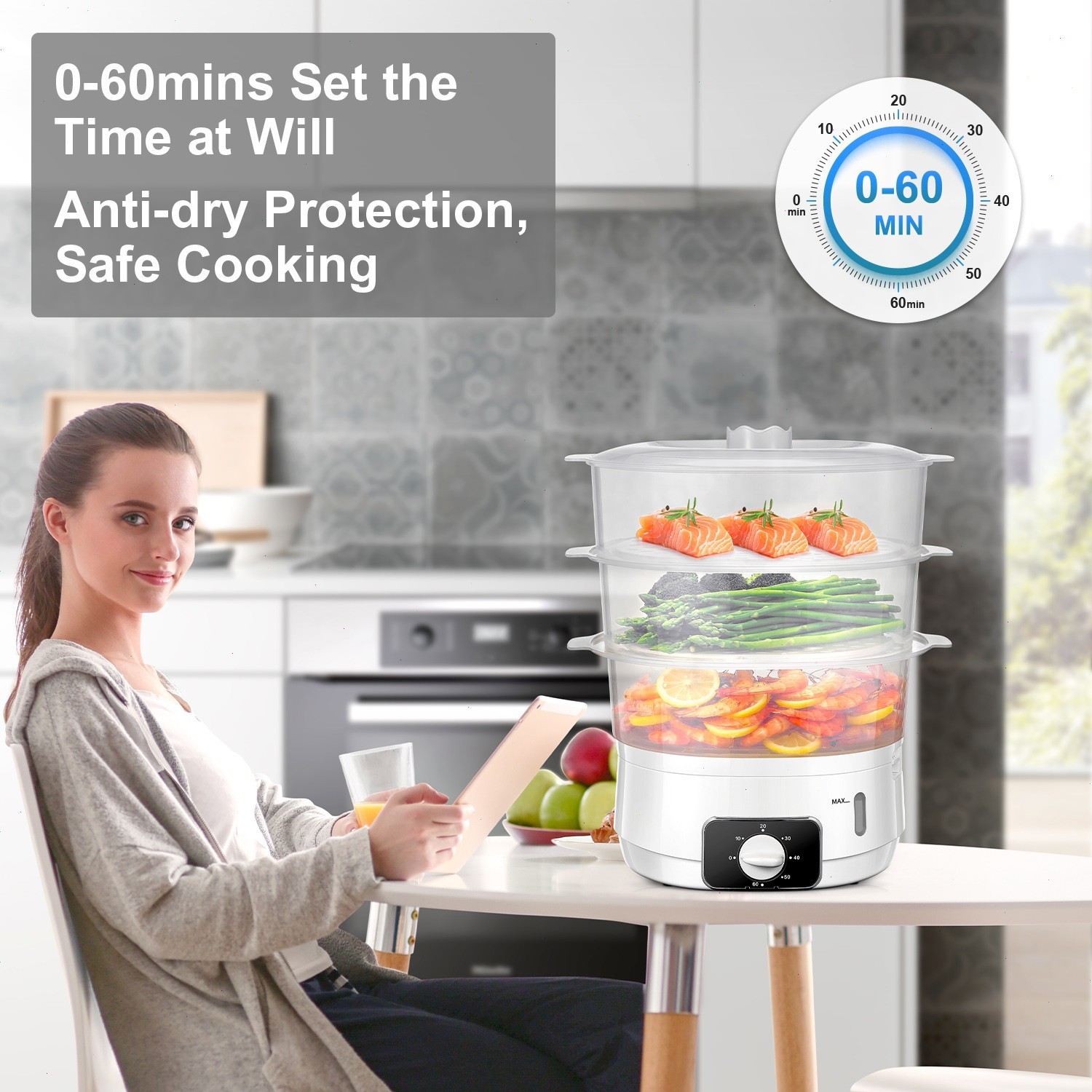 13.7QT Electric Food Steamer, 3-Tier, 800W, 60-Min Timer, BPA-Free Baskets