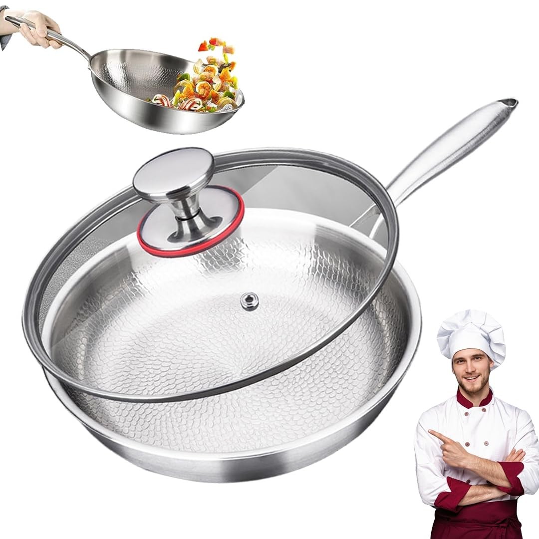 Titanium Frying Pan with Lid, 26cm Professional Stainless Steel Skillet, Nons…