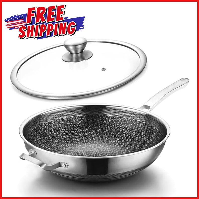 14-INCH WOK PAN HYBRID NON-STICK Stainless Steel Large Deep Woks Stir-Fry Pans