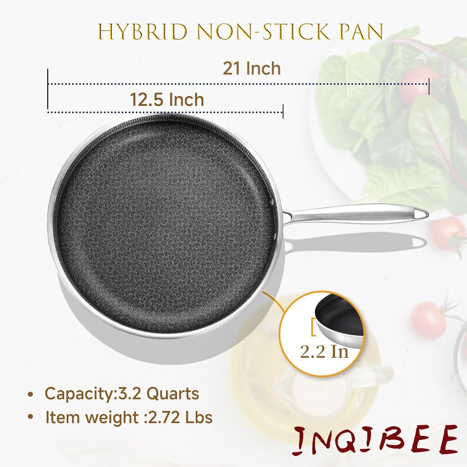 12-Inch Hybrid Stainless Steel Sauté Pan Skillet Non-stick Frying Pan with Lid