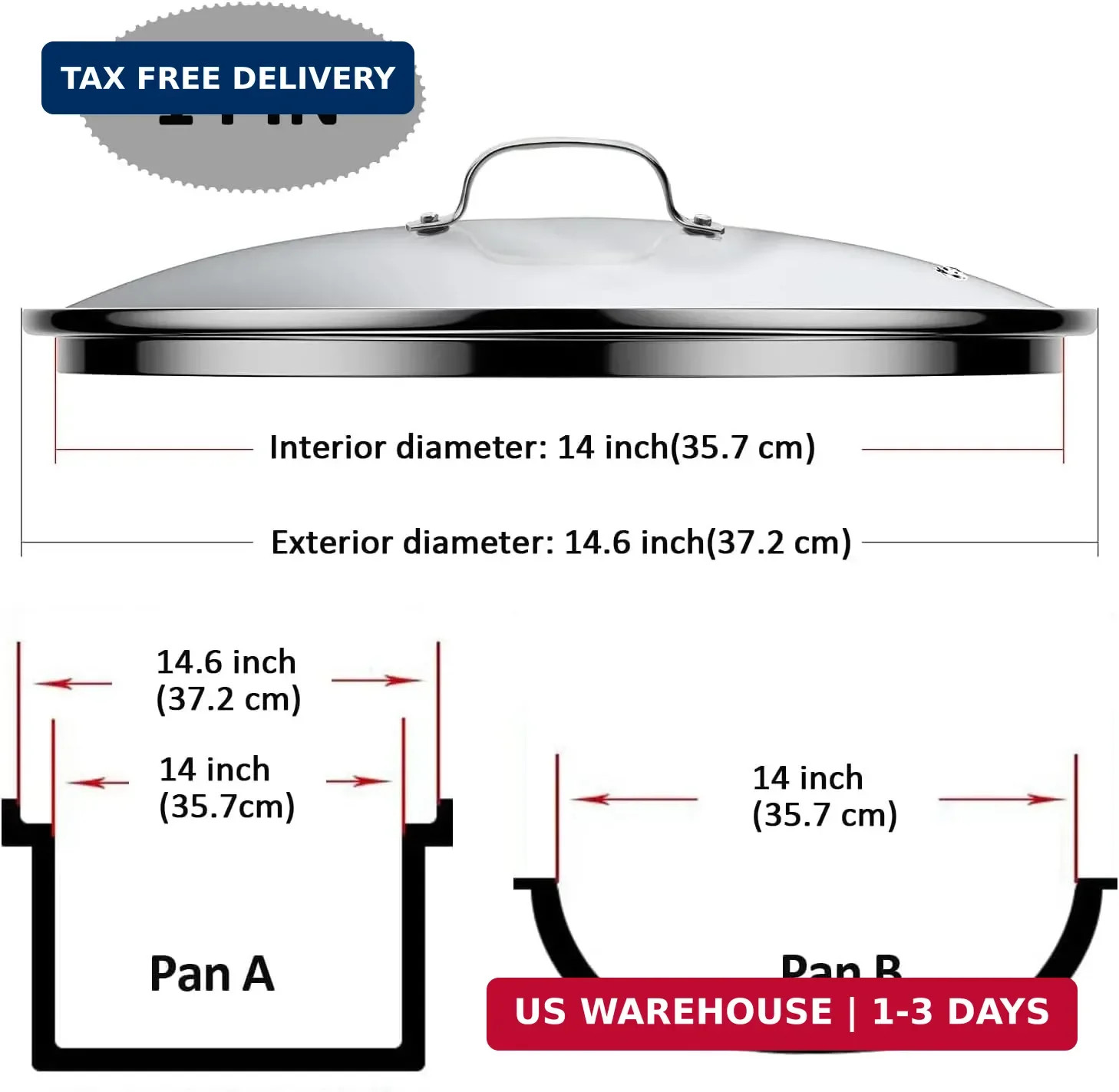 14 Inch Glass Lid For Pots, Pans and Skillets, Clear Glass Lid Replacement with