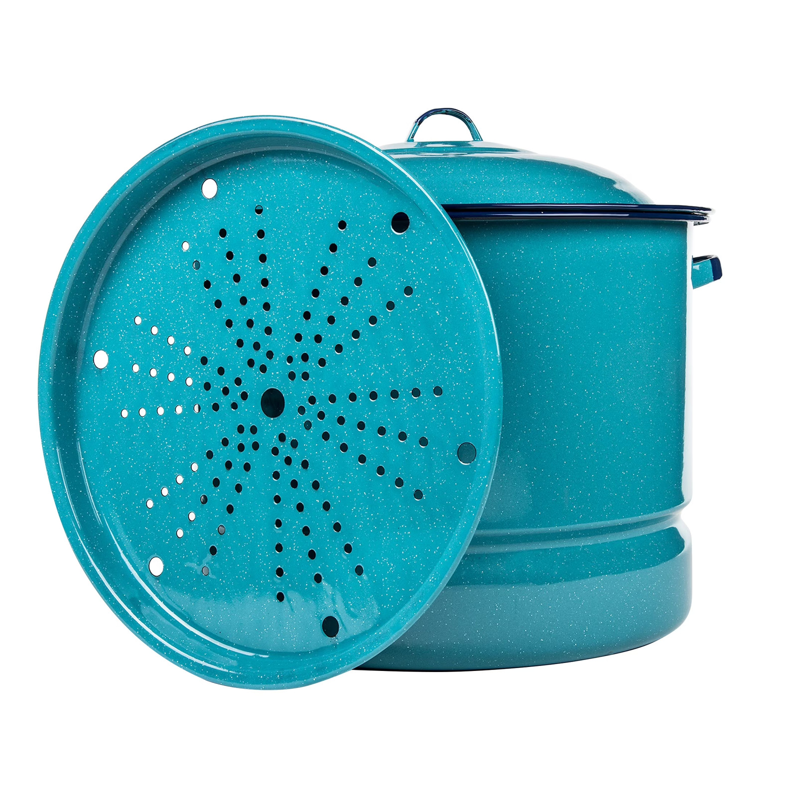 Cinsa 34-Quart Enamel on Steel Steamer Pot w Lid & Trivet, Easy to Clean, Blue