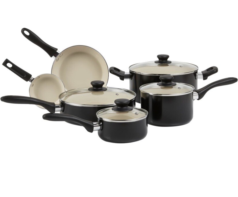 Amazon Basics 11-Piece Pots and Pans Ceramic Cookware Nonstick Set – Black/Cream