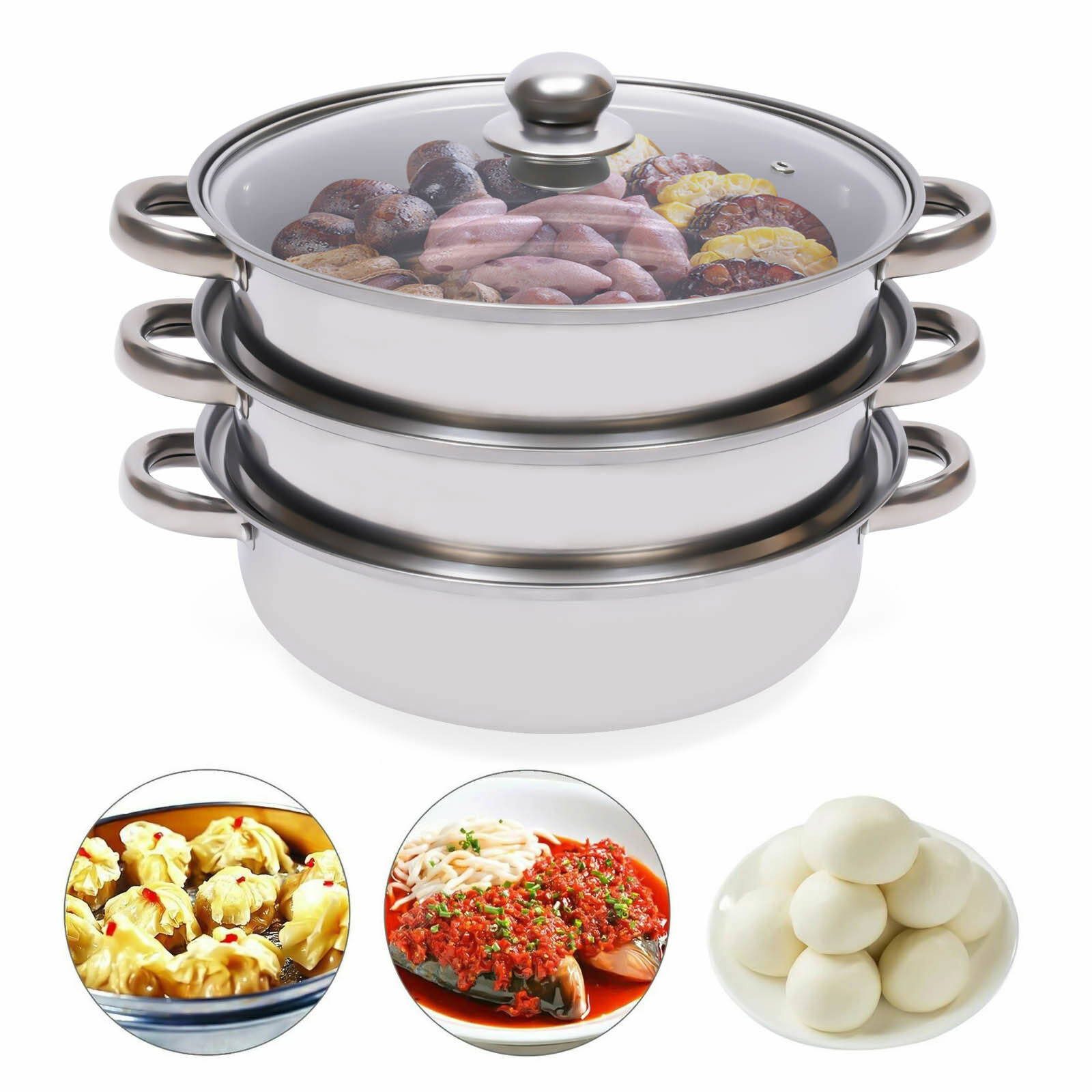 3 Tier Steamer Hot Pot Stainless Steel Cooker Steam Pot Food Cooking + Glass Lid