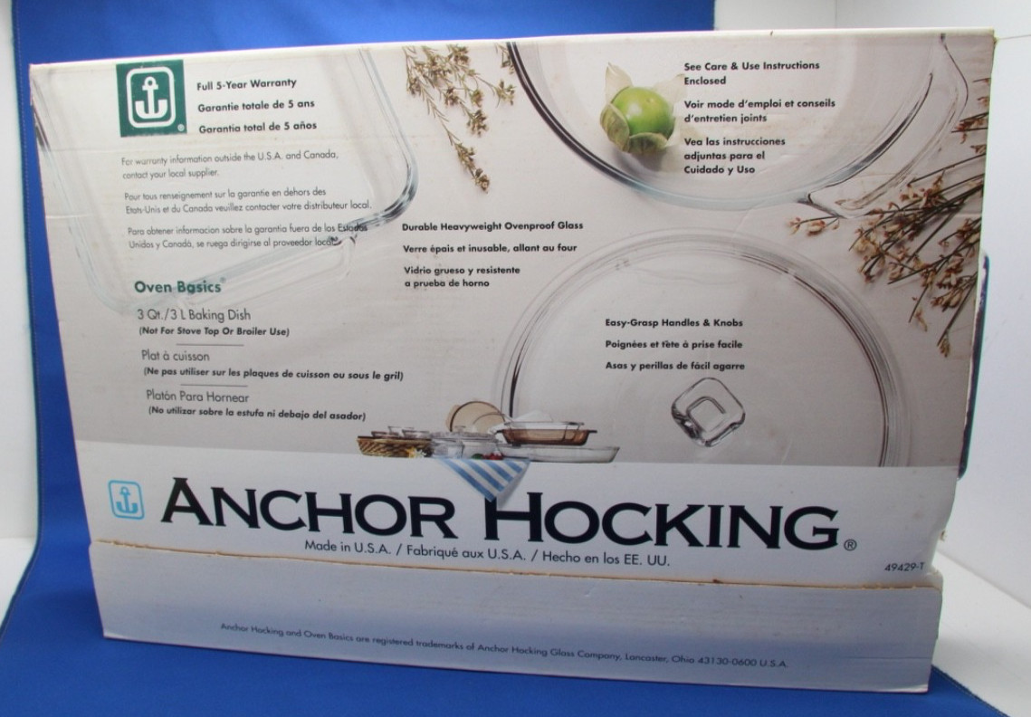 Anchor Hocking 3qt. Oven Basics 9″x13″ Rectangular Baking Dish Clear Glass USA