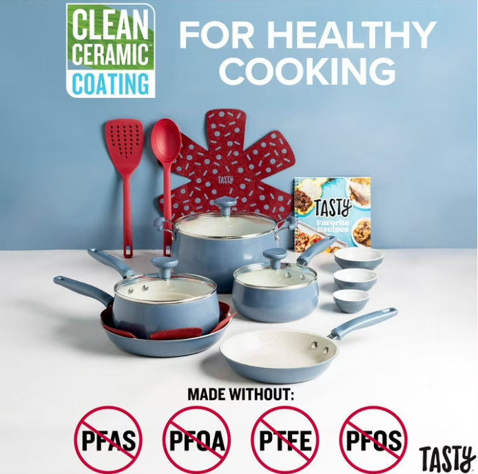 Tasty Clean Ceramic 16 Piece Non-Stick Aluminum Cookware Set, Slate Blue