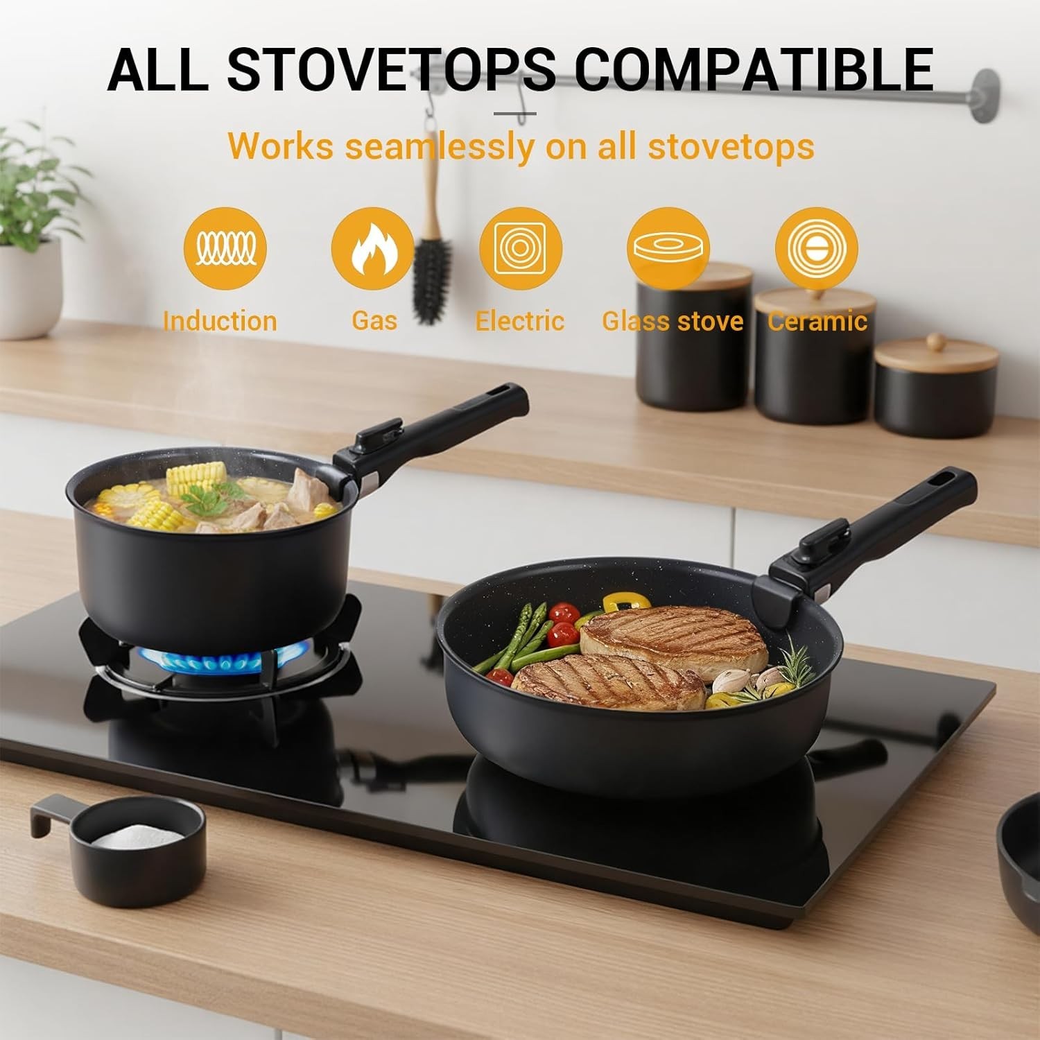 21-Piece Ceramic Pots and Pans Set Non Stick with Detachable Handles and Egg Fry