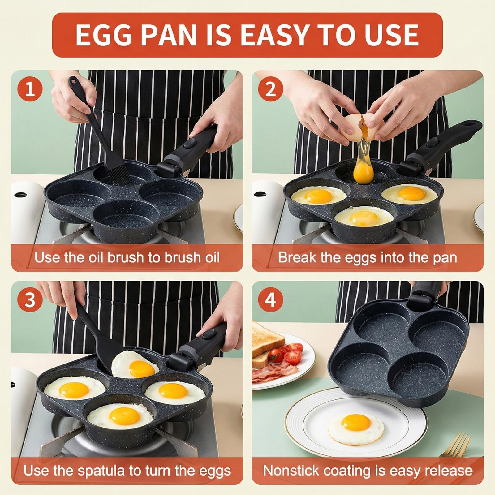 1 PC 4Cup Nonstick Aluminum Omelette Egg Pan Detachable Handle Skillet