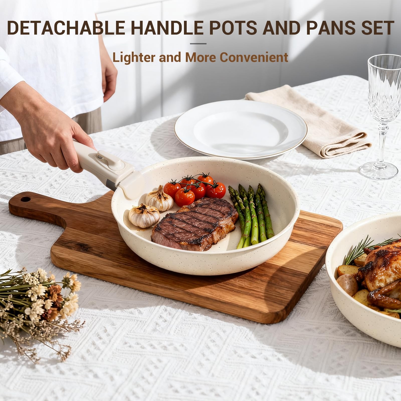 Pots and Pans Set Non Stick, Ceramic Cookware Set with Removable Handles, Sta…